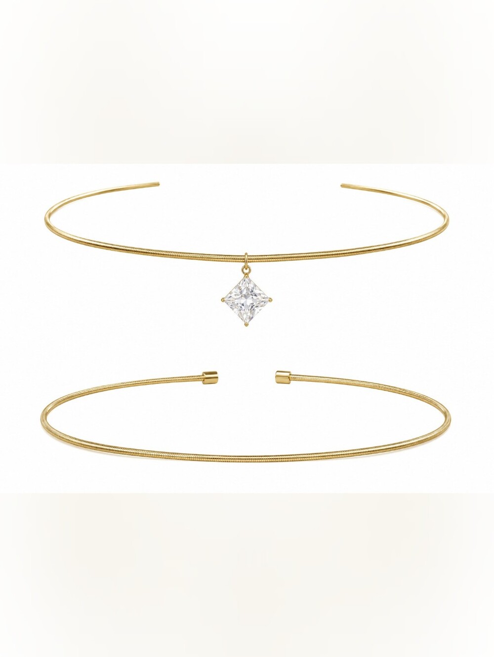 Gold Tone Princess Cut Cubic Zirconia Choker Necklace Minimalist Statement Colla